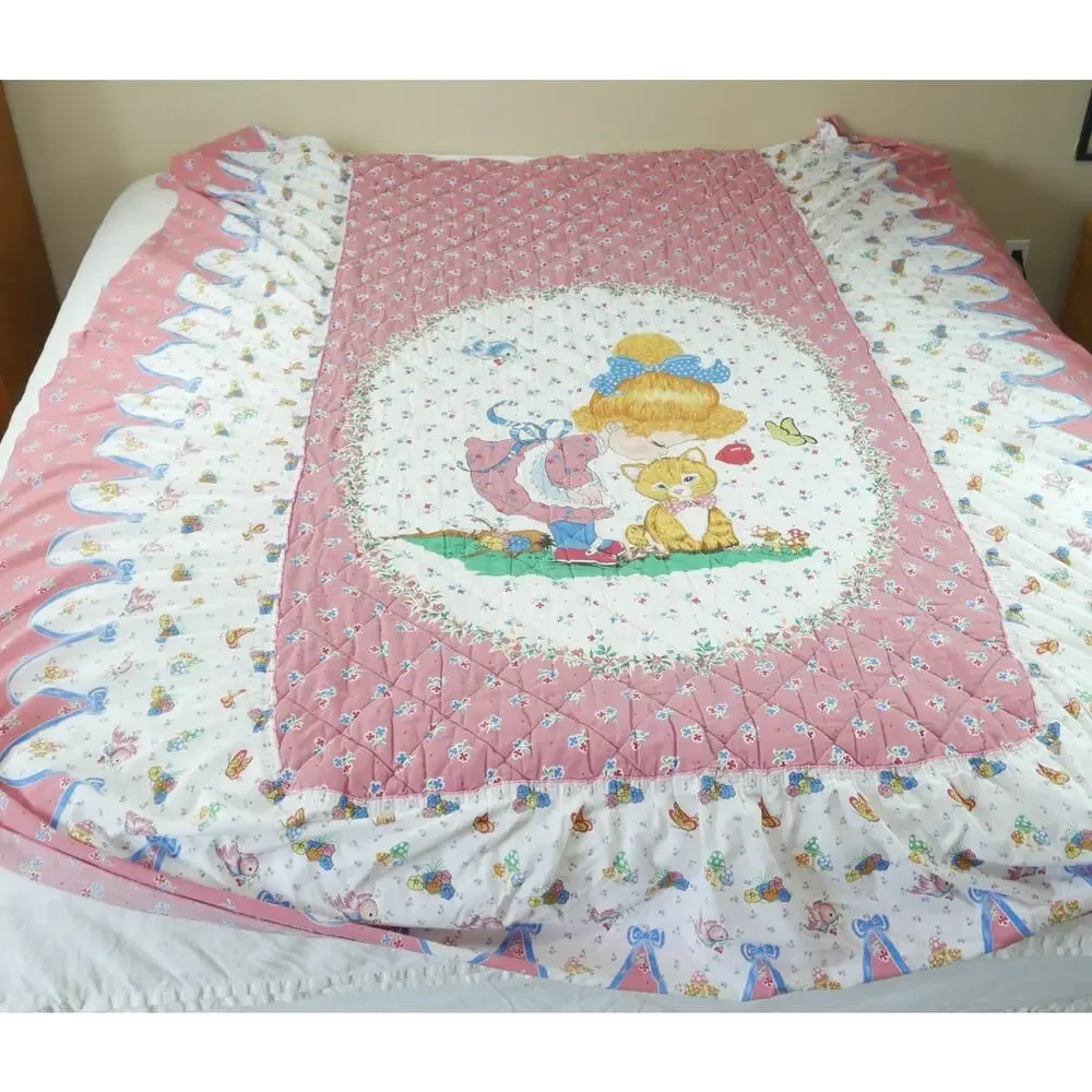 Vintage 70s Bedspread‎ Cottagecore Ruffle Cute Girls Kitty Pink Novelty Twin